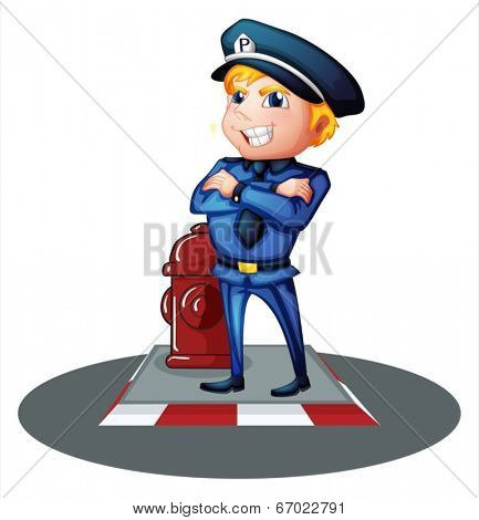 Illustration of a smiling policeman at the street on a white background