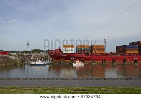 Brunsbuettel - Container Vessel At Lockage To The Kiel Canal