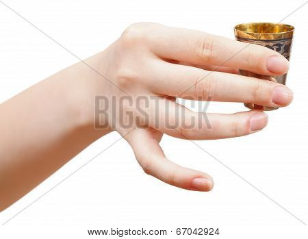 Hand Holds Little Metal Glass With Spirit
