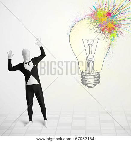 3d human character is body suit morphsuit looking at abstract colorful lightbulb