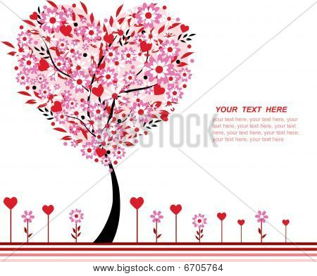 Valentin fa vektor és virágok, szív alakú, space-szöveg