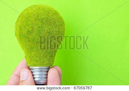 light blub in hand with green background
