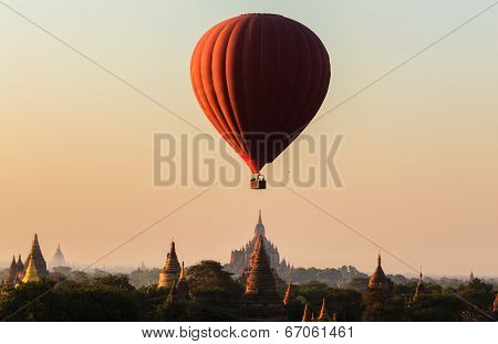 Balloon Over Plain Of Bagan In Misty Morning, Myanmar