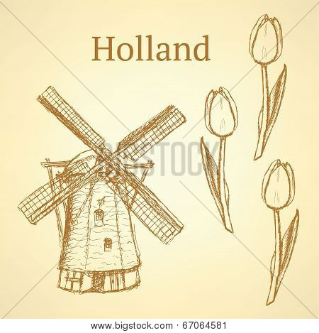 Sketch Holland Windmill And Tulip, Vector Background
