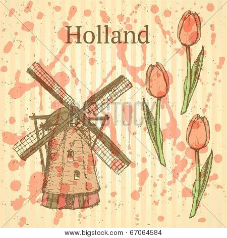 Sketch Holland Windmill And Tulip, Vector Background
