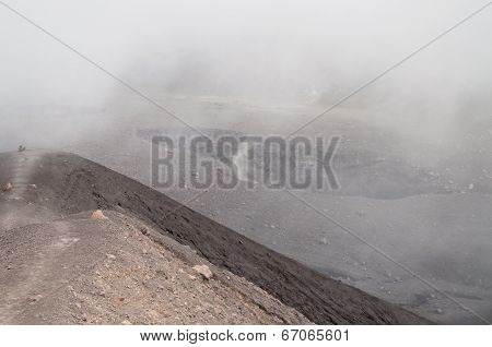 Small Crater Of Volcano Merapi In Clouds