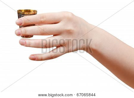 Hand Holds Little Metal Cup With Spirit