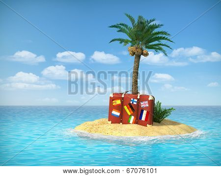 Desert Tropical Island With Palm Tree, Chaise Lounge, Suitcase And Three Empty Wooden Signpost. Conc