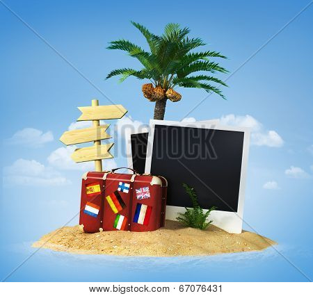 Desert Tropical Island With Palm Tree, Chaise Lounge, Suitcase And Three Empty Wooden Signpost. Conc