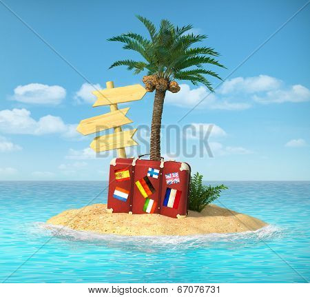 Desert Tropical Island With Palm Tree, Chaise Lounge, Suitcase And Three Empty Wooden Signpost. Conc