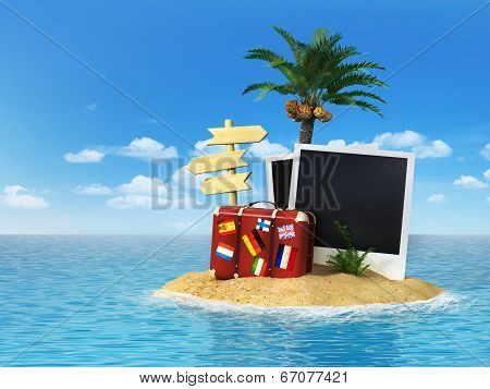 Desert Tropical Island With Palm Tree, Chaise Lounge, Suitcase And Three Empty Wooden Signpost. Conc