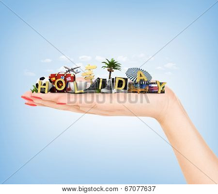 Travel Concept. Hand Holding Atribute Of Travel And Holiday.