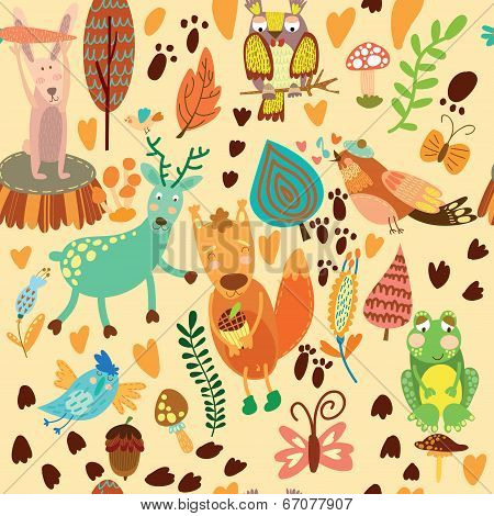 Cute Seamless Pattern With Forest Animals.owl,squirre L, Deer, Nightingale, Frog, Rabbit.