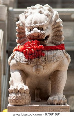 White Marble Lions Chinese Temple In Thailand