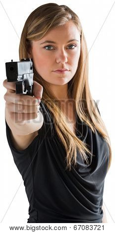 Femme fatale pointing gun at camera on white background