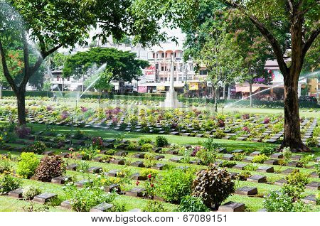 Kanchanaburi, Thailand - May 23, 2014: The Kanchanaburi War Cemetery, Thailand