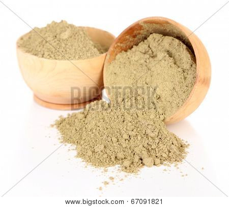 Dry henna powder in bowls, isolated on white