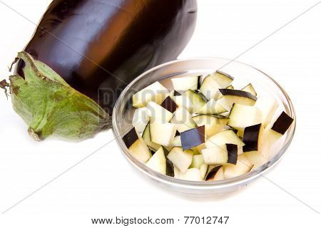 Cubes of eggplant on bowl