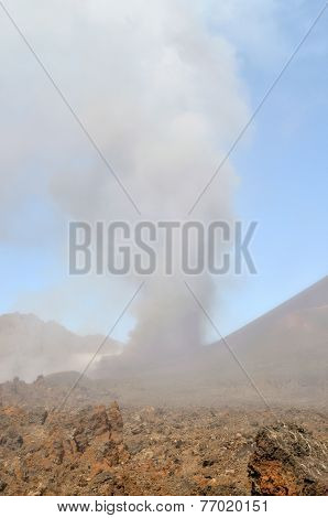Dust Clouds Erupts From The Side Of Volcano