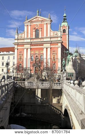 Triple Bridge (tromostovje), Preseren Square And Franciscan Church, Ljubljana, Slovenia