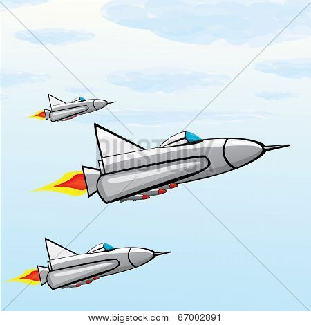 Flying jet fighter with missile.