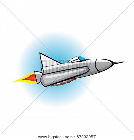 Flying jet fighter with missile.