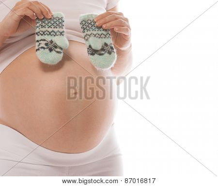 pregnant caucasian woman closeup body isolated on white background studio shot belly 