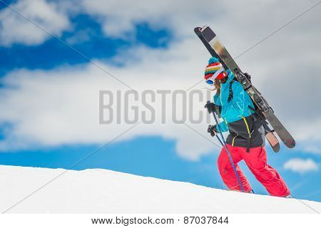 Girl Freeride Skier, Scale The Mountain Before The Descent