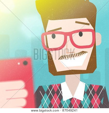 Bearded Man Taking a Selfie Photo with smart phone. Vector Trendy Flat Illustration
