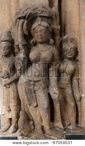 KOLKATA, INDIA - FEBRUARY 15: Door frame with Ganga and Yamuna lintel: Surya, from 10th century found in Banaras, Uttar Pradesh now exposed in the Indian Museum in Kolkata, on February 15, 2014