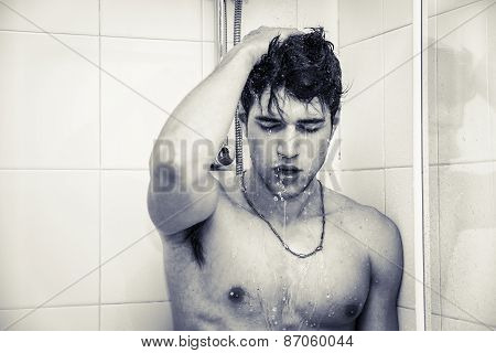 Close up Attractive Young Bare Muscular Man Taking Shower