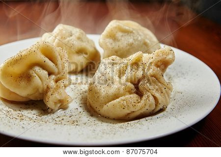 National Georgian Dish Khinkali Meat In A Sacred Test A Couple Of Little Lamb Or Beef, Meat Wrapped