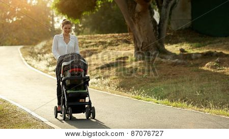 Woman Mother Mom With Toddler In Pushchair Walking In Park