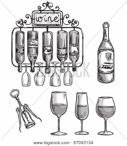 Iron cast wine holder, bottles and glasses.
