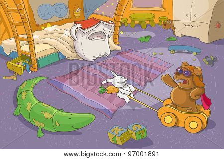 Childrens Illustration. Fantasy. Teddy Bear, Rabbit And Pillow.