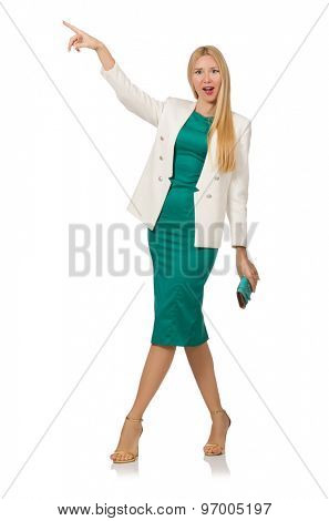Pretty young woman in green dress isolated on white