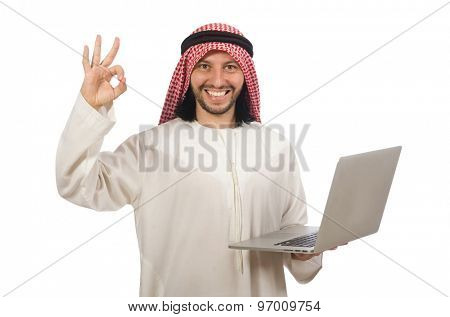 Arab man with laptop isolated on white
