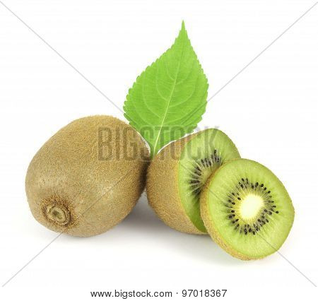Whole kiwi fruit and his sliced segments isolated on white background