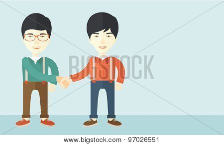 A two asian guys standing facing each other handshaking for the successful business deal. Business partnership concept. A Contemporary style with pastel palette, soft blue tinted background. Vector