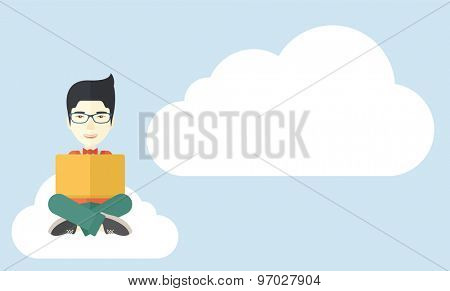 A chinese guy sitting on a cloud having a great idea while reading a book. Business concept. A Contemporary style with pastel palette, soft blue tinted background with desaturated cloud. Vector flat