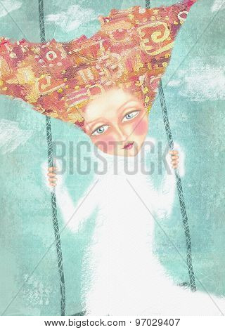 Carefree Young Girl Swinging In The Sky With Clouds.