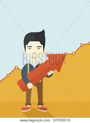 A happy and lucky young chinese guy holding arrow growing sign, successful in business career. Prosperity concept. A contemporary style with pastel palette soft yellow and blue tinted background