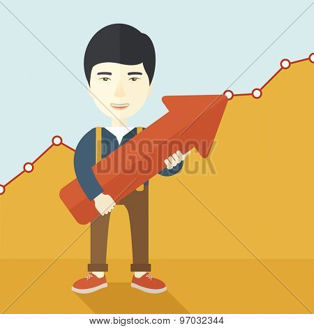 A happy and lucky young chinese guy holding arrow growing sign, successful in business career. Prosperity concept. A contemporary style with pastel palette soft yellow and blue tinted background