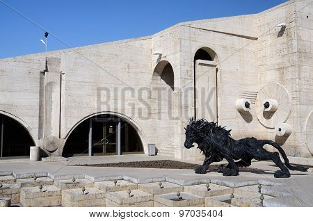 Modern art statue (lion) near Yerevan Cascade giant stairway in Yerevan Armenia