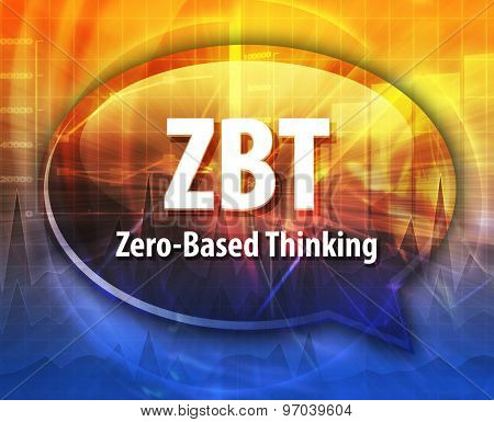 word speech bubble illustration of business acronym term ZBT Zero-Based Thinking