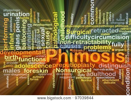 Background concept wordcloud illustration of phimosis glowing light