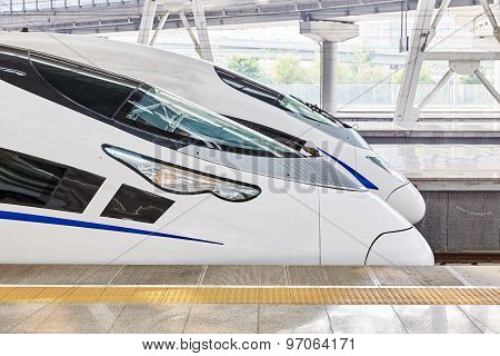 High Speed Train At The Railways Station.