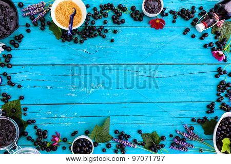 Blackcurrant - fresh blackcurrant fruit and a variety of sweet dishes, frame