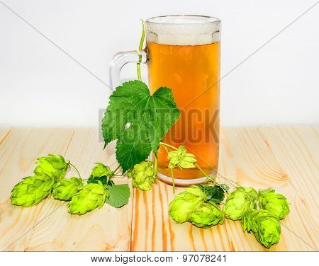 Mug Of Beer And Branch Of Hops On Wooden Surface