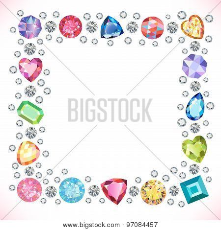 colored gems square shape frame isolated on light background